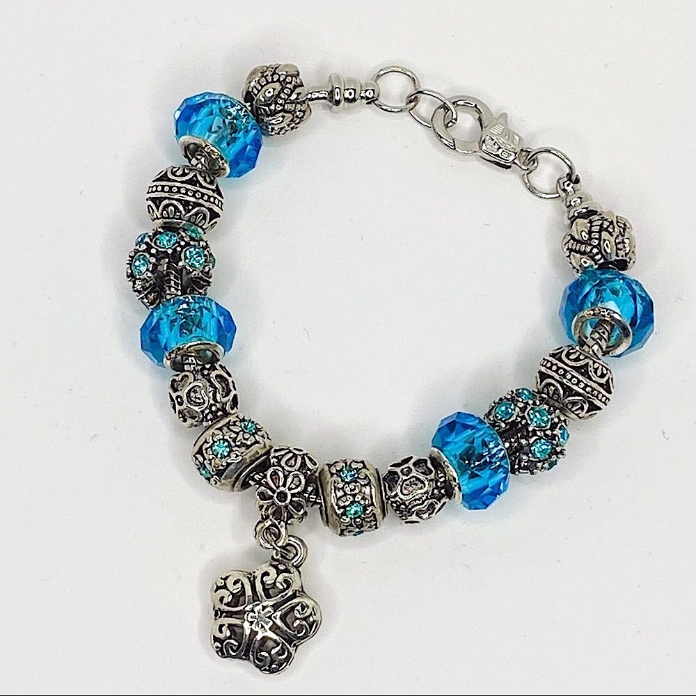 Tibetan Star & Aqua Rhinestone Charm Bracelet